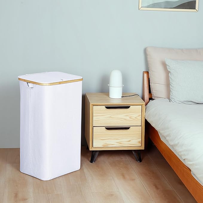 110L Laundry Hamper with Lid,Dirty Clothes Hampers for Laundry,Laundry Basket with Bamboo Handles and Removable Bag,Hamper for Bedroom, Bathroom, Dorm, Laundry Room, White