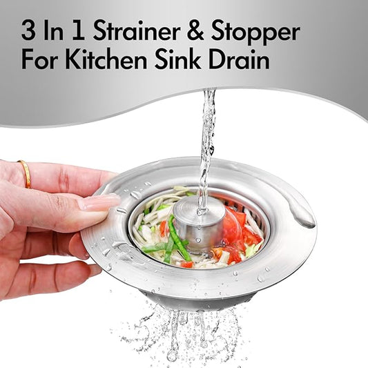 3 in 1 Kitchen Sink Drain Strainer & Sink Stopper, 304 Stainless Steel Pop Up Sink Drain Stopper with Anti-Clogging Basket for US Standard (Silver)