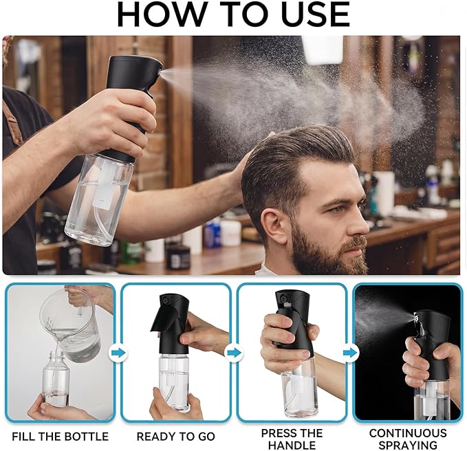 1 Pack 8.5oz Continuous Spray Bottle for Hair Styling & Plants - Fine Mist Sprayer Refillable Empty Water Dispenser for Cleaning, Ironing, Watercolor & Pet Care - Black