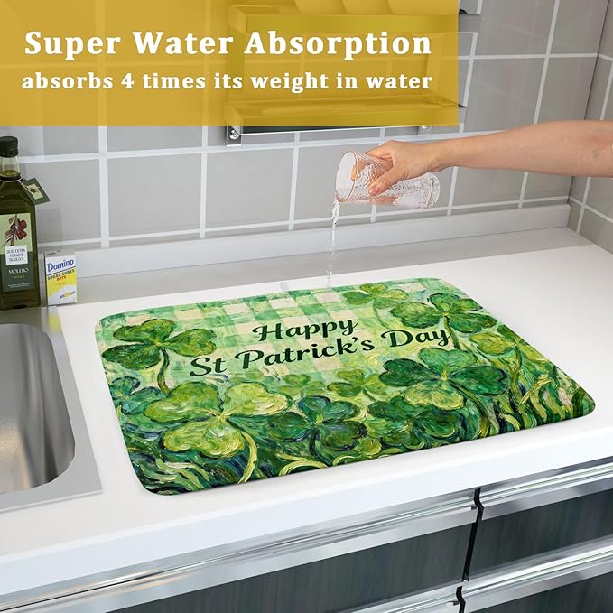 St Patrick's Day Shamrock Dish Drying Mat for Kitchen Counter 18x24 Green Lucky Clover Plaid Happy Holiday Absorbent Reversible Microfiber Drying Mats Kitchen Countertop Protector Dishes Drainer Pad