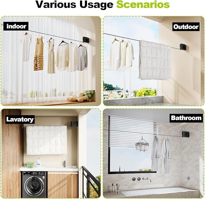 13.9 ft TPU Retractable Clothesline for Indoor & Outdoor – Heavy‑Duty Windproof Wall‑Mounted Drying Line with Separate Hanging Holes for Faster Drying, Ideal for Home, Balcony & Garden