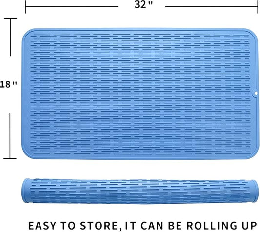 MicoYang Silicone Dish Drying Mat for Multiple Usage,Easy clean,Eco-friendly,Heat-resistant Silicone Mat for Kitchen Counter or Sink,Refrigerator or Drawer Liner Lichen BlueL 4XL 32 inches x 18 inches
