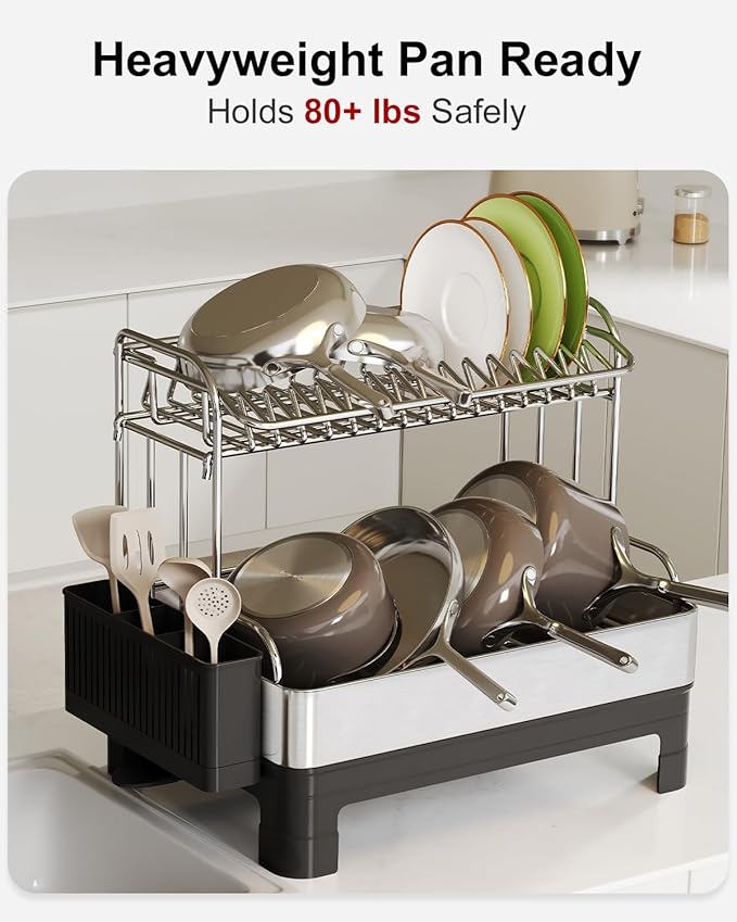 Extra Large Two Tier Stainless Steel Dish Drainer Drying Rack with Drainboard for Kitchen Counter, Modern Black and Silver, Rust Proof Metal, Space Saving Double Countertop Big Plates Dryer and Tray