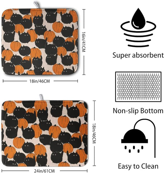 Happy Halloween Dish Drying Mat for Kitchen Counter 16x18 Inch Cute Pumpkin Black Cat Trick or Treat Drying Mats Large Microfiber Absorbent Dish Rack Pad for Coffee Bar Sinks Home Accessories