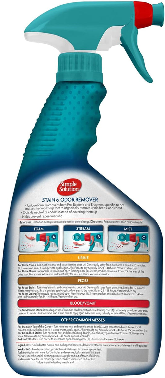 Simple Solution Stain and Odor Eliminator Spray, Enzyme Carpet Cleaner for Dogs and Cats, Pet Stain Remover and Urine Odor Eliminator, Multi Surface Pet Cleaning Solution, 32 oz (Pack of 2)