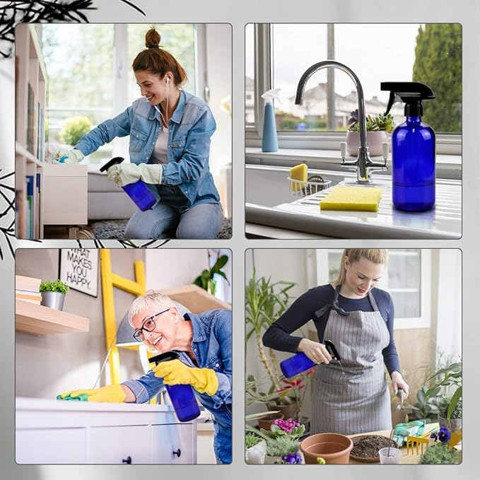 Worldgsb Glass Spray Bottles, 16oz Refillable Containers, Empty Boston Round Bottles with Labels & Adjustable Nozzle for Cleaning, Gardening, Aromatherapy, Pets, Plant, Hair -Blue (2 Pack)