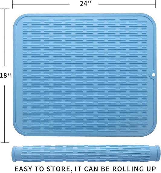 MicoYang Silicone Dish Drying Mat for Multiple Usage,Easy clean,Eco-friendly,Heat-resistant Silicone Mat for Kitchen Counter or Sink,Refrigerator or Drawer Liner Light Blue 2XL 24 inches x 18 inches