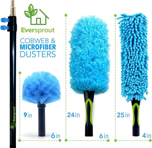 EVERSPROUT 5-to-12 Foot Duster 3-Pack with Extension-Pole (20+ Foot Reach) | Hand-packaged Cobweb Duster, Microfiber Feather Duster, Flexible Microfiber Ceiling & Fan Duster | Aluminum Telescopic Pole