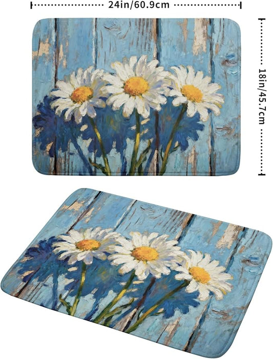 Daisy Floral Dish Drying Mat for Kitchen Counter 18x24 Spring Summer Theme Woodgrain White Flower Seasonal Absorbent Reversible Microfiber Drying Mats Kitchen Countertop Protector Dishes Drainer Pad