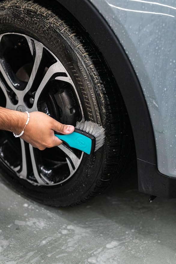 Detail Factory - ProGrip Tire Brush - Ergonomic ProGrip Handle, Stiff Synthetic Bristles, Ergonomic Design, Clean Your Tires with Ease - Octane Riptide