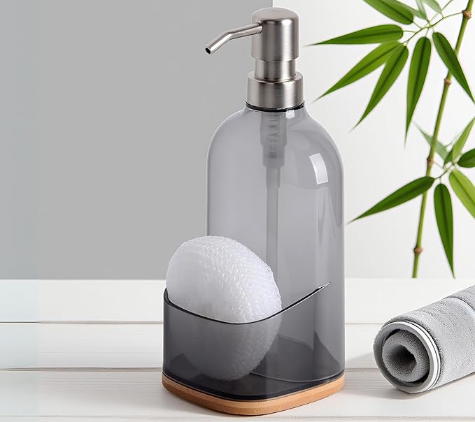 Kitchen Soap Dispenser with Sponge Holder, Refillable Acrylic Dish Soap Dispenser 17oz for Kitchen Sink and Bathroom, Anti Slip, Countertop Home Decor (Grey)