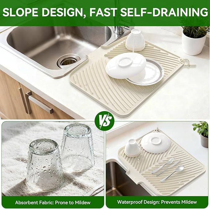 Belife Dish Drying Mat for Kitchen Counter, Silicone Dish Drainers Pad, Non-Slip Under Sink Dish Drying Rack, Heat Resistant Small Stone Drying Board (17" x 14.5",White)