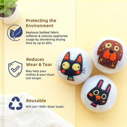 Reusable Wool Dryer Balls, 3.2-inch Handmade Felted Wool Balls (3-Pack), Softens Clothes, Naturally Reduces Drying Time and Static Electricity