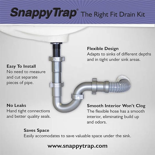 Snappy Trap Universal Flexible P Trap Bathroom Sink Drain Pipe Plumbing Kit for Home Improvement, No Leaks, Easy No Tool Installation, 9-13 Inch Flex Hose & 16 Inch Product Length (DK-105 Silver)