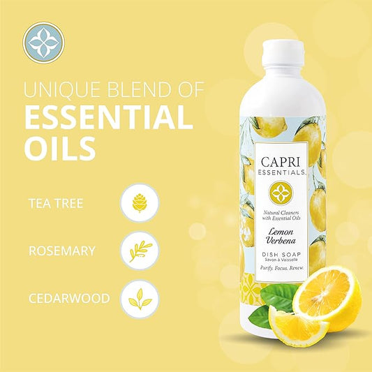 CAPRI ESSENTIALS Dish Soap Liquid, Natural Household Cleaning Supplies, Plant Based Aromatic Dish Detergent, Blend of Essential Oils with Tea Tree, Rosemary & Cedarwood, Lemon Verbena, 16 FL Oz