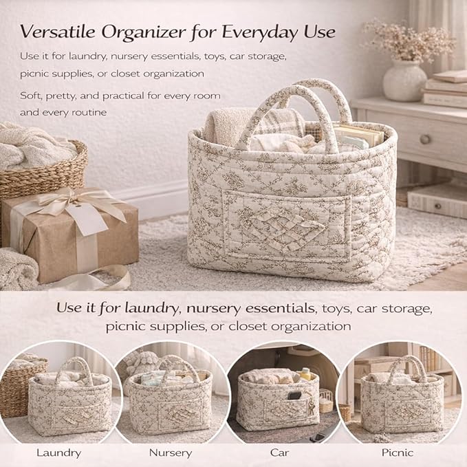 Quilted Laundry Basket with Handles,Boho Quilted Floral Storage Basket with Handles & Pocket,Foldable Cotton Fabric Organizer Tote for Car, Nursery, Laundry, Toys, Picnic, Closet (Lace blue)