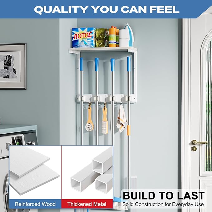 Olakee Broom Holder Wall Mount with Cleaning Supplies Organizer, Laundry Room Organization and Storage Shelves, Mop Hanger Rack with Hooks, Utility Shelf Closet Organizer for Garage Home Improvement