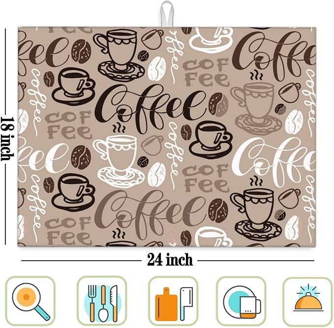 Coffee Dish Drying Mat for Kitchen Counter Microfiber Absorbent Dish Draining Reusable Washable Extra Large 24"x18" (Coffee, 18x24in)
