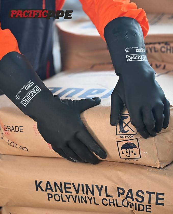 PACIFIC PPE Chemical Resistant Gloves, Heavy Duty Industrial Rubber Gloves, Resist Acid, Alkali and Oil, 12.6", X- Large