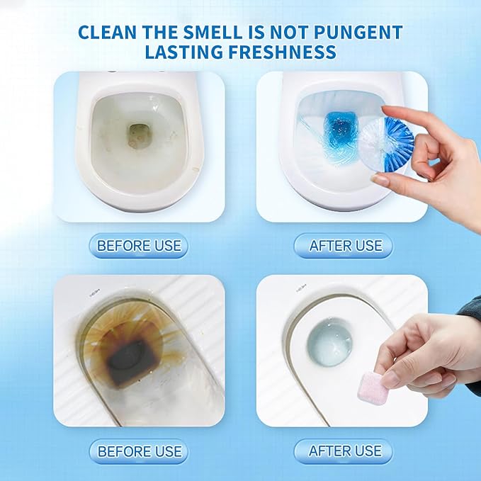 2-in-1 Toilet Cleaning Tablets (48 Pack) - 16 Effervescent Toilet Bowl Stain Remover and 32 Blue White Toilet Tank Cleaner Tablets - Limescale Removal for Septic System