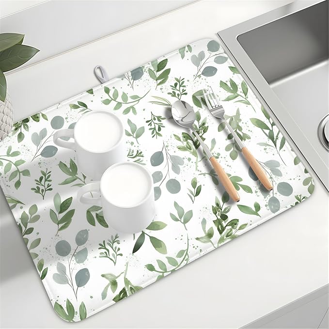 Spring Summer Sage Green Leaves Dish Drying Mat 16 x 18 Inch Spring Eucalyptus Leaf Dish Drainer Rack Mat Absorbent Microfiber for Holiday Kitchen Coffee Dining Bar Decor