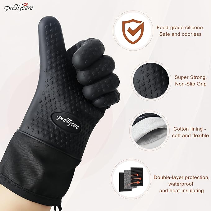PrettyCare Extra Long 14in Silicone Oven Mitts, 2 Pcs Heat Resistant Waterproof Oven Gloves with Fingers, Non-Slip Cotton Lined Mitt for Baking, Grilling, Air Fryer & Kitchen Essentials, Gift for Men