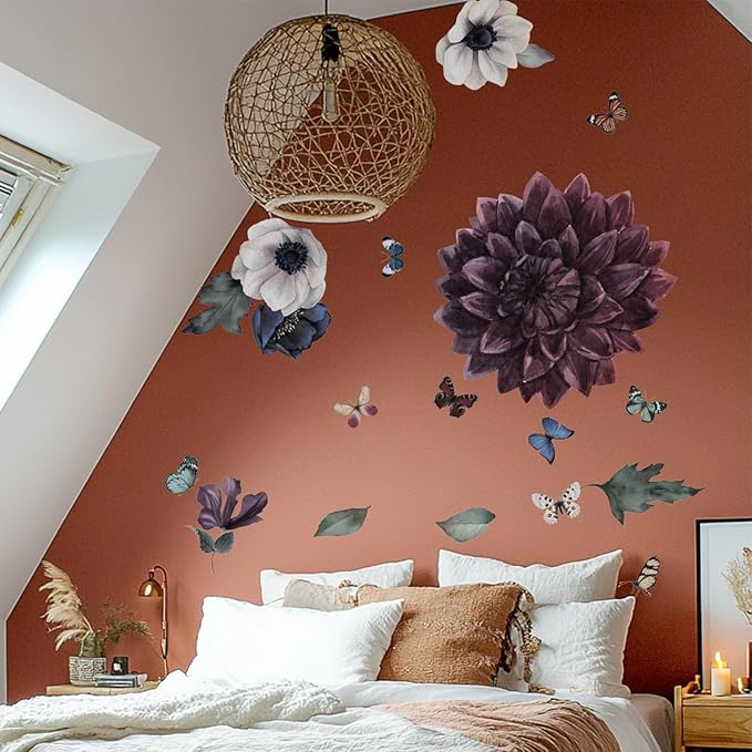 Fabric Peel and Stick Floral Wall Decal, Self-Adhesive Peony Flowers Wallpaper, Black Rose Sticker for Living Room Bedroom Wall Decor, Eden Peony