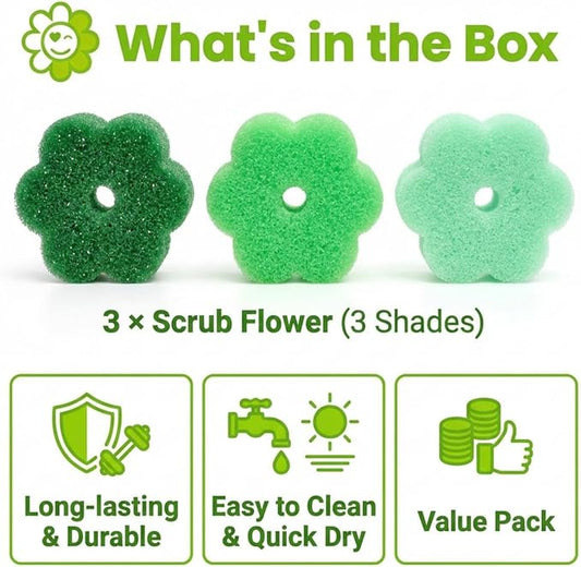 Scrub Flower Temperature Sensitive Sponges -Non-Scratch Scrubbers for Kitchen & Home - Firm in Cold & Soft in Warm Water - Odor Resistant Color-Coded Dish Sponges (Garden Mint, 3 Count)