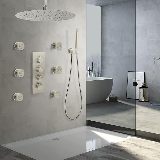 HOMEDEC 6pcs Round Brass Shower Body Spray Massage Jets Spa-like Bathroom Showerhead,Brushed Nickel