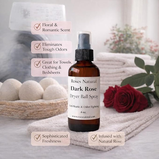 Natural Dryer Ball Spray, 4 oz, Patchouli, Lavender,Essential Oil Laundry Refresher, Fabric Freshener for Clothes, Linens & Wool, Anti-Static & Odor Neutralizer, Made in the USA (Dark Rose)