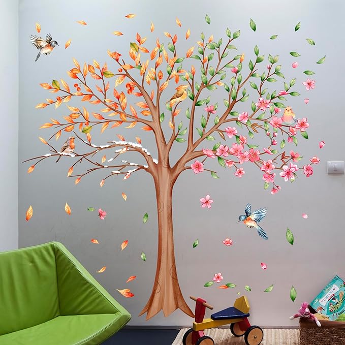 3 Sheets Large Tree Wall Decals Stickers Removable Floral Murals Peel and Stick Colorful Tree of Life Art Vinyl Living Room Decor with Flowers & Birds for Classroom Girls Bedroom Kids Nursery Office