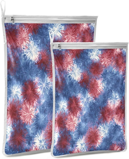 Mesh Laundry Bags Lingerie Bags for Washing Delicates 2 PCS Durable Wash Bag with Zipper Small and Medium Washable Retro Tie Dye Fireworks