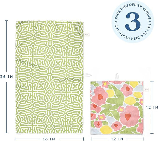 ELYN Microfiber Kitchen Dish Towel & Dish Cloth Set, Quick-Dry & Absorbent Waffle Weave Cleaning Cloths, Set of One Kitchen Towel & Two Washcloths, Paper Towels Alternative (Bold Floral & Geo)