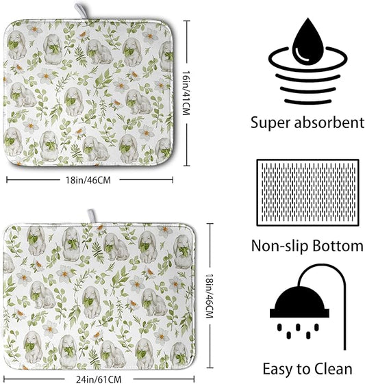 Easter Bunny Floral Drying Mat for Kitchen Counter Spring Easter Rabbits Green Leaves Dry Dish Mat Absorbent Microfiber Dish Draining Washable Dish Drainer Rack Mat Large 18x24 Inch