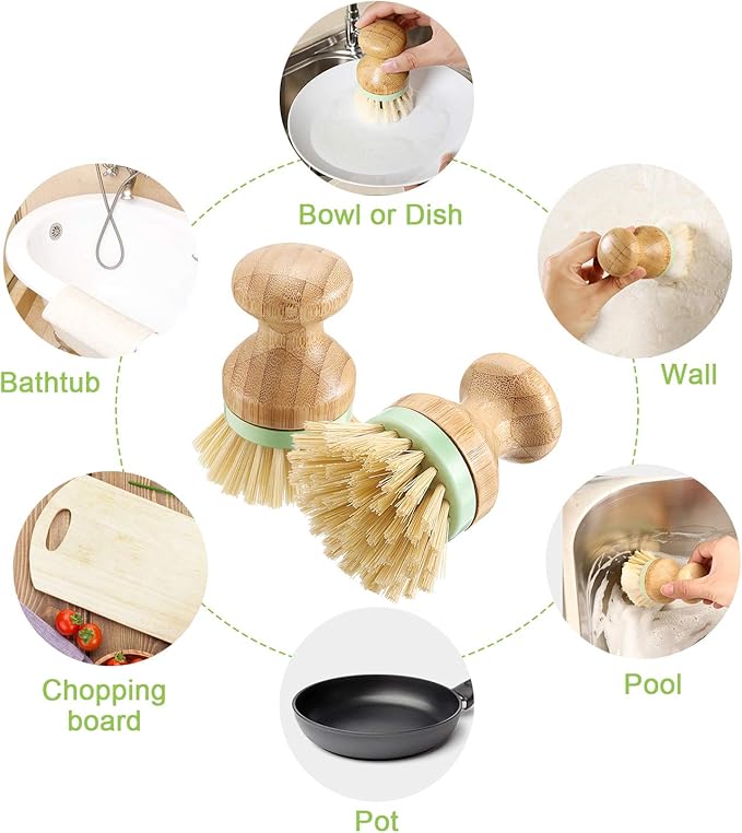 4 Pieces Bamboo Dish Scrub Brush with Holders Wooden Bamboo Round Scrubbers Stiff Bristles Pot Brushes for Wash Dishes, Pots, Pans, Kitchen Iron Pot Pan Sink(Classic Style,Green)