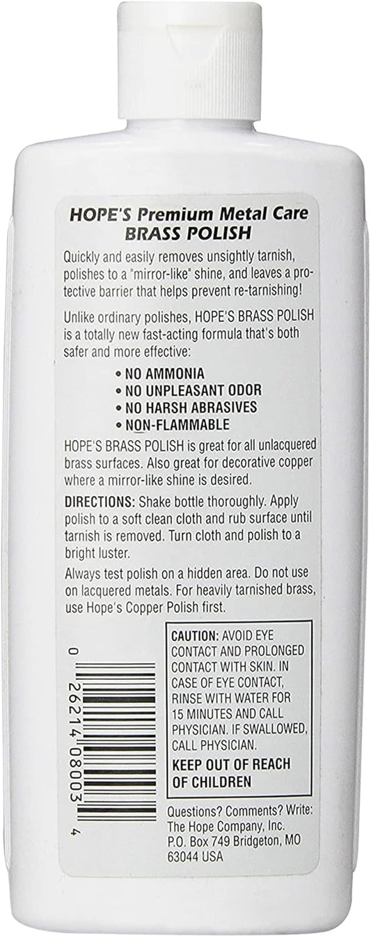 HOPE'S Brass Polish and Cleaner - Protective Tarnish Remover - Great Brass, Copper, Chrome, and Sterling Silver Polish - Polisher for Home Decor, Music Instruments, and Jewelry, 8 Fl Oz, Pack of 1