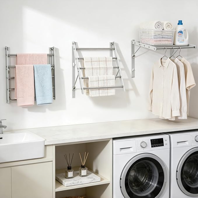 Wall Mounted Clothes Drying Rack, 24'' Retractable Foldable Laundry Drying Rack with 5 Stainless Steel Rods, Space Saving & Easy Installation for Laundry Bathroom Apartments-White
