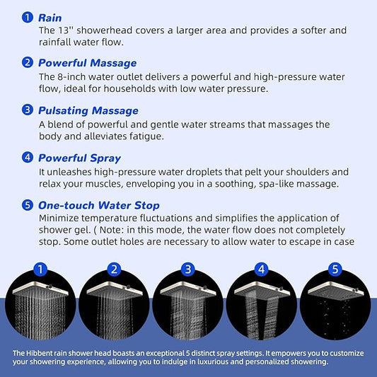 Hibbent cUPC Certified Upgraded 13'' Shower Head Combo, High Pressure 5 Spray Rainfall Showerhead with 10 Sprays Handheld, All Metal 3-way Diverter Shower Arm, 71'' Hose and Holder, Brushed Nickel
