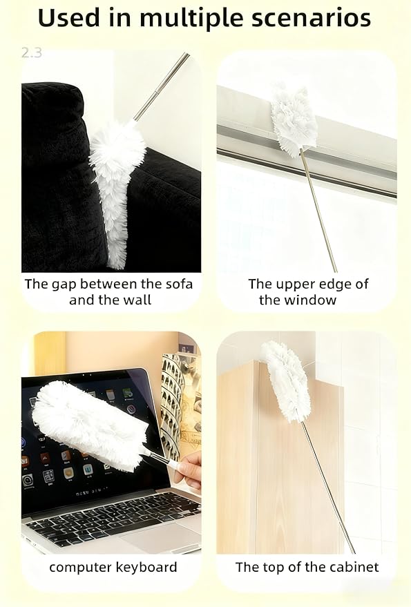 Heavy Duty Duster Refills, Disposable Dusters Kit for Cleaning Dusting Furniture Blind Ceiling Fan, Multi Surface 360 Feather Duster(10)+3FT Extended Handle(1) (White)