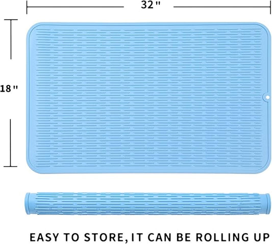 MicoYang Silicone Dish Drying Mat for Multiple Usage,Easy clean,Eco-friendly,Heat-resistant Silicone Mat for Kitchen Counter or Sink,Refrigerator or Drawer Liner Light Blue 4XL 32 inches x 18 inches
