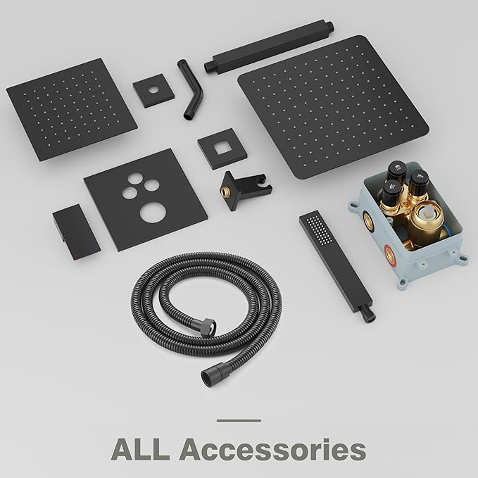 Black Shower System, Shower Faucet Set with 3 In 1 Push Button Valve, Shower Faucet included 10" Ceiling Shower Head and 8" Wall-Mount Shower Head with Handheld Spray, Matte Black