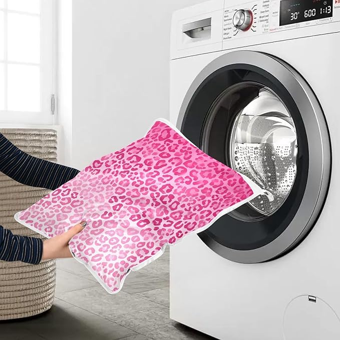 Mesh Laundry Bags Lingerie Bags for Washing Delicates 2 PCS Durable Wash Bag with Zipper Small and Medium Washable Gradient Pink Leopard Print
