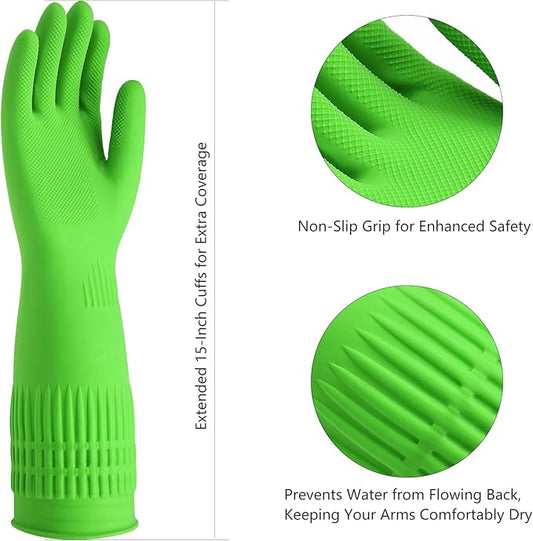 Reusable Rubber Cleaning Gloves - Waterproof, Non-Slip 15" Long Cuff Kitchen Gloves for Dishwashing, 3 Pairs (Yellow, Red, Green), Medium