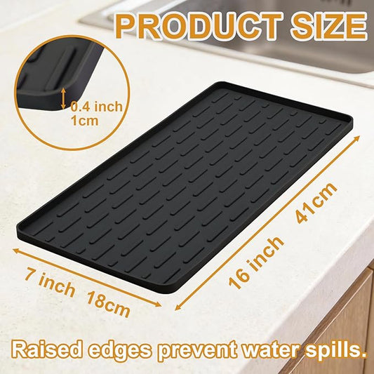 Silicone Coffee Mat, 16"X7" Heat-Resistant,Eco-friendly,Hygienic Drying Pad,Leak-Proof and Non-Slip,Removable Silicone Mat with Concave and Convex Design,(Black 16X7)