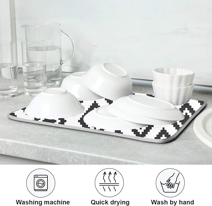Super Absorbent Dish Drying Mat, Microfiber Fast-Drying Dish Mat, 16" x 18, Kitchen Dish Drying Pad, Grey Moroccan Rhombus Plaid