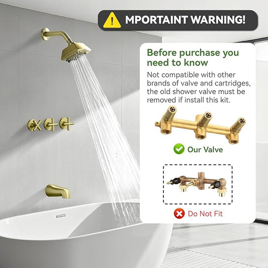 3 Handle Shower Faucet Set with Tub Spout 6-Spray Shower Head and Handle Set Shower Trim Kit with Rough-in Valve Bathroom Shower Faucet Valve Trim Kit Shower System Brushed Gold
