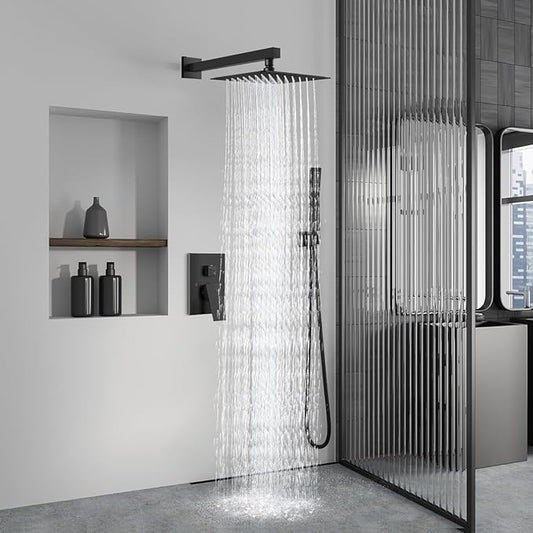 Aolemi Shower Faucet Set Rain Shower System with Handheld Spray Bathroom Shower Combo Rough-in Valve and Shower Trim Kit Included Matte Black 10 Inch Wall Mount Shower Head