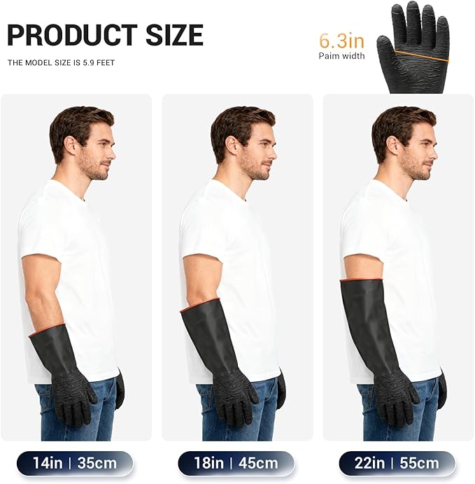 ThxToms Heavy Duty Rubber Gloves, Industrial Chemical Resistant Gloves Waterproof Reusable Protective Work Gloves for Cleaning, Dishwashing,Upgraded with Non-Slip Design, Black, 22" 1 Pair