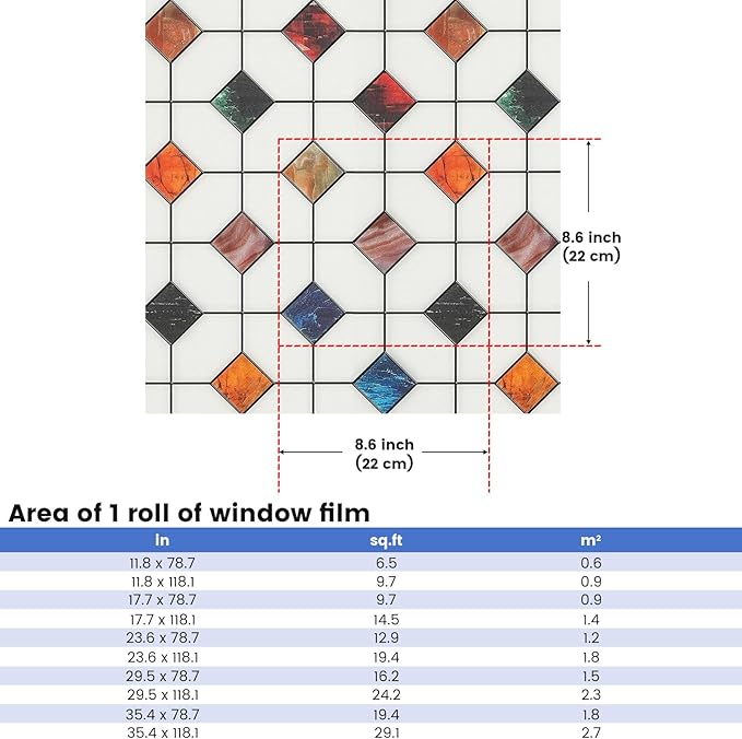 DKTIE Stained Glass Window Film Geometric Patterns, Fine Frosted Window Clings for Glass Windows, Waterproof for Bathroom Window Privacy Film Day and Night (S533, 17.7in X 118.1in)