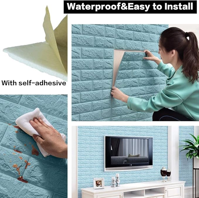 40 PCS Blue 3D Wall Panels, 58 sq.feet Coverage, Printable Wallpaper Sticker with Self-Adhesive Waterproof Brick PE Foam Wall Panels Peel and Stick for Interior Wall Decor, Home Decoration